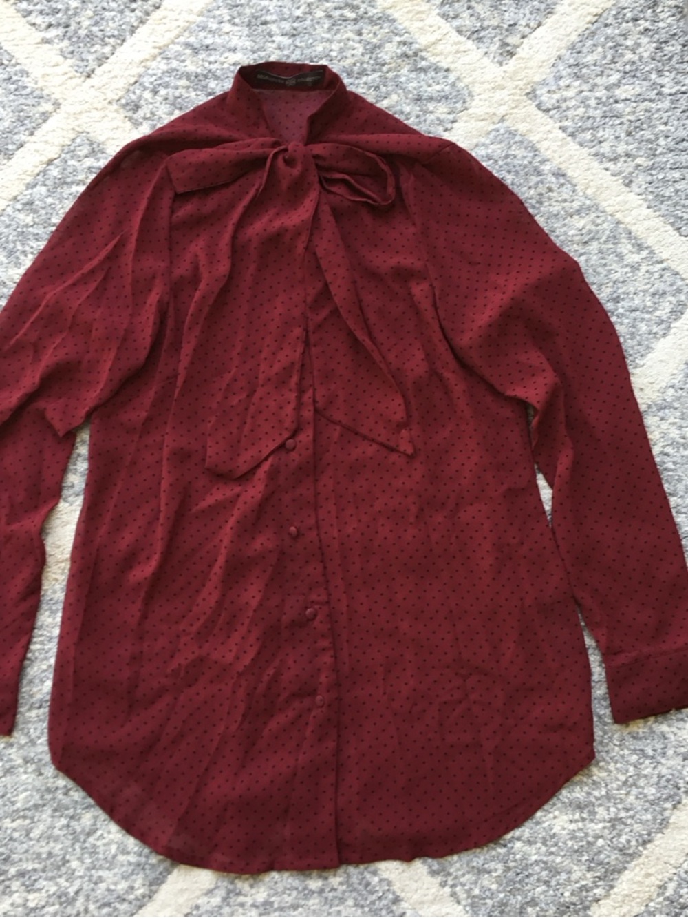 Signature Collection Sheer Burgundy Polka Dot Tie-Neck Blouse